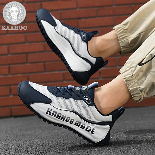 KaaHoo Men'S Trendy Casual Sneakers - Breathable, Lightweight, Low-Top Lace-Up Shoes with Round Toe and Rubber Sole for All Seasons, Navy Blue & White Design